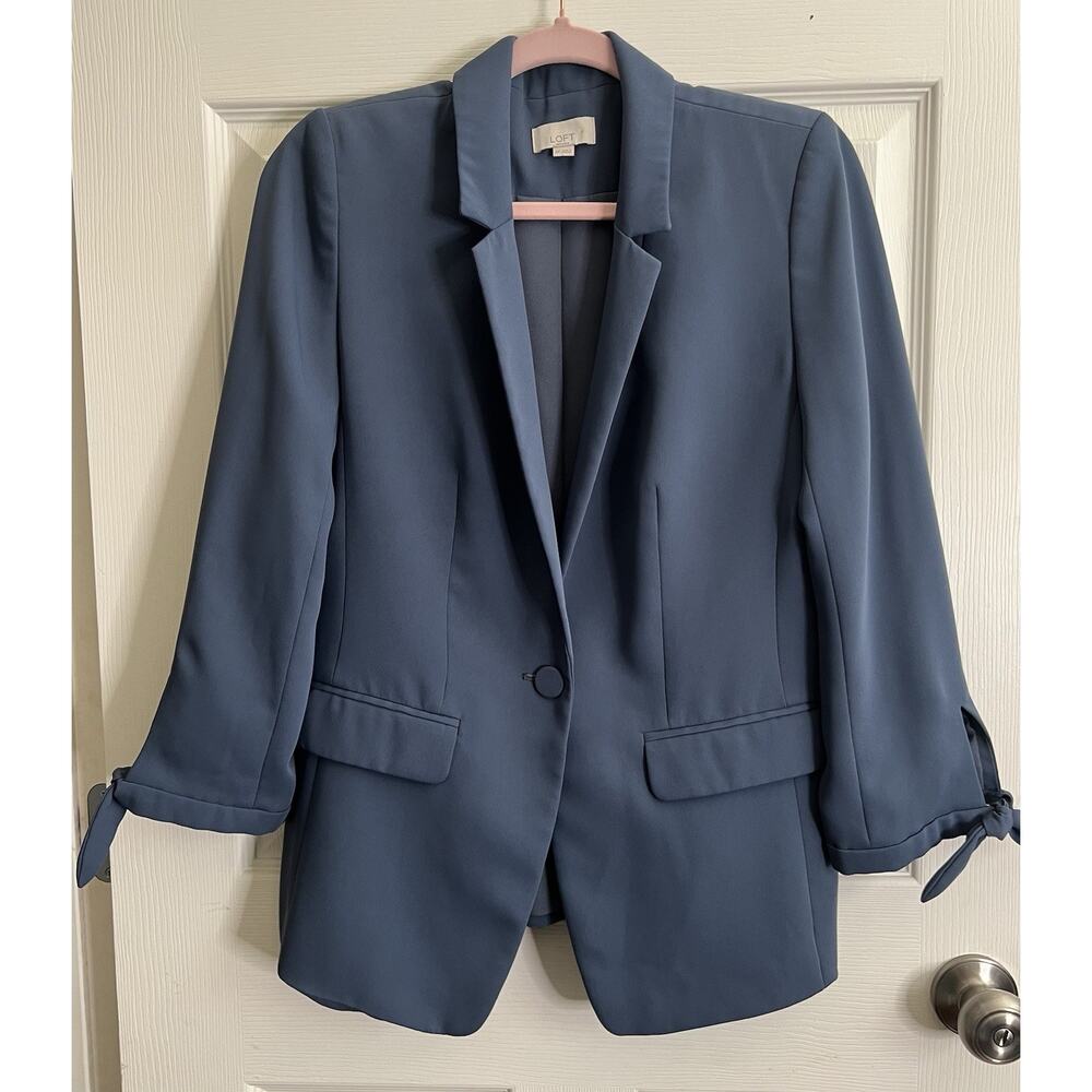 ANN TAYLOR LOFT Blue Tie Cuff Blazer Relaxed Career Jacket Blazer Sz 8 Petite